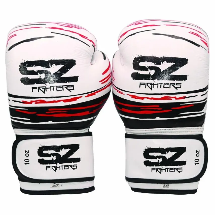 SZ Fighters – Боксови ръкавици естествена кожа – Madness – White/Black/Red, преден изглед, 10 oz