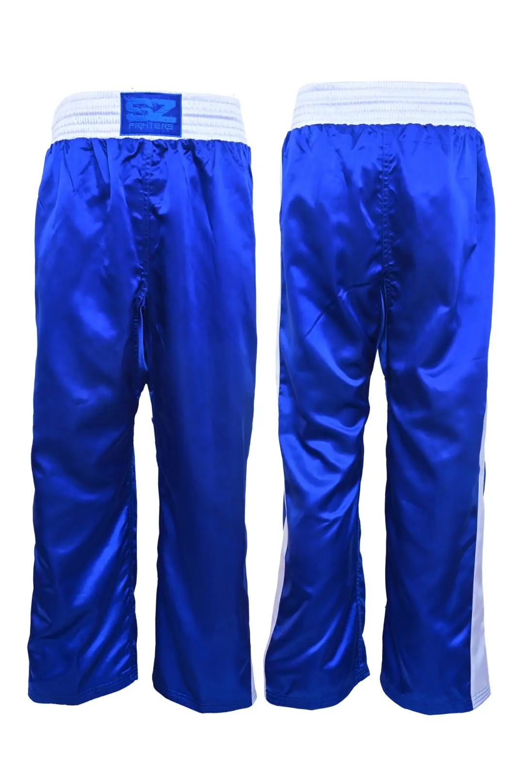 SZ Fighters – Панталони за карате и Кикбокс Classic – Blue, преден и заден изглед с етикет