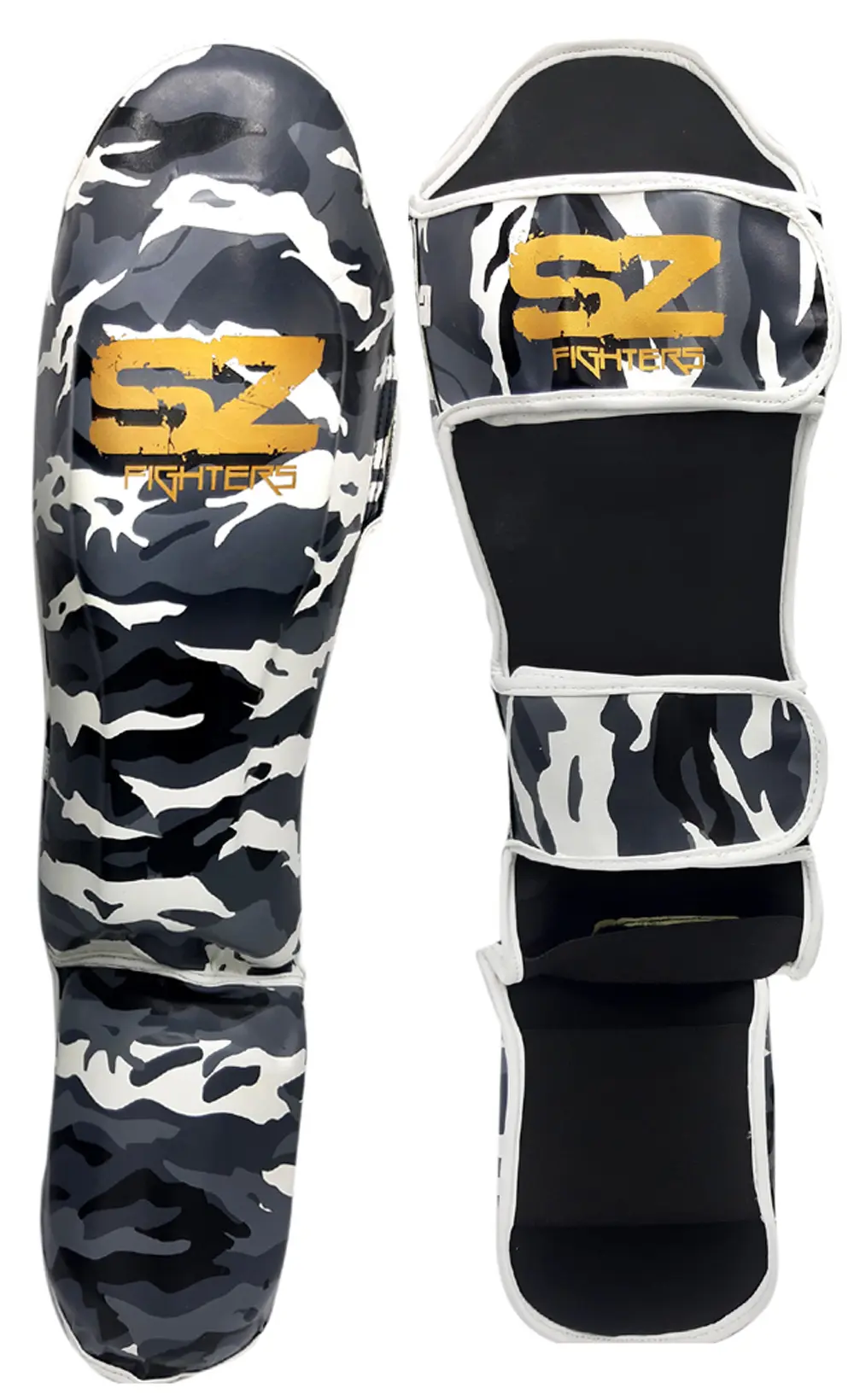 SZ Fighters – Тай Протектори за Крака Camo – Grey, преден изглед, едната част леко встрани