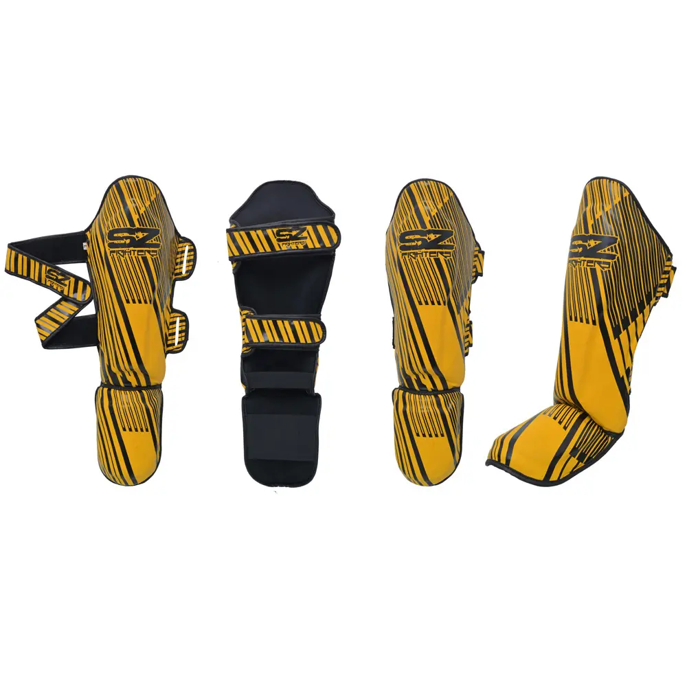 SZ Fighters – Тай Протектори за Крака Plasma 2.0 Yellow-Black, колаж от различни изгледи