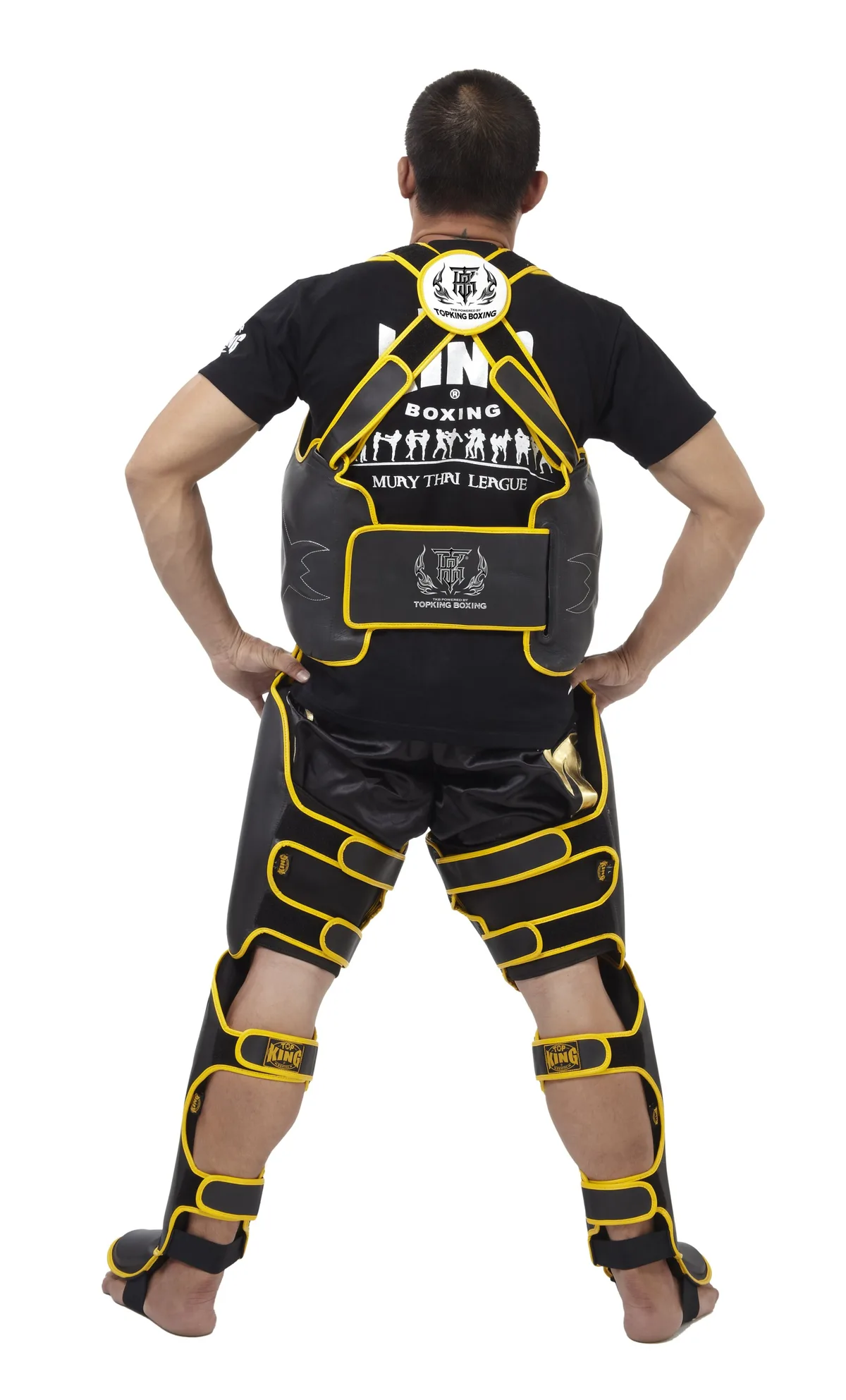 TOPKING BLACK BODY AND THIGH PROTECTION – страничен изглед, показващ закрепващите елементи и цялостния дизайн на протектора.