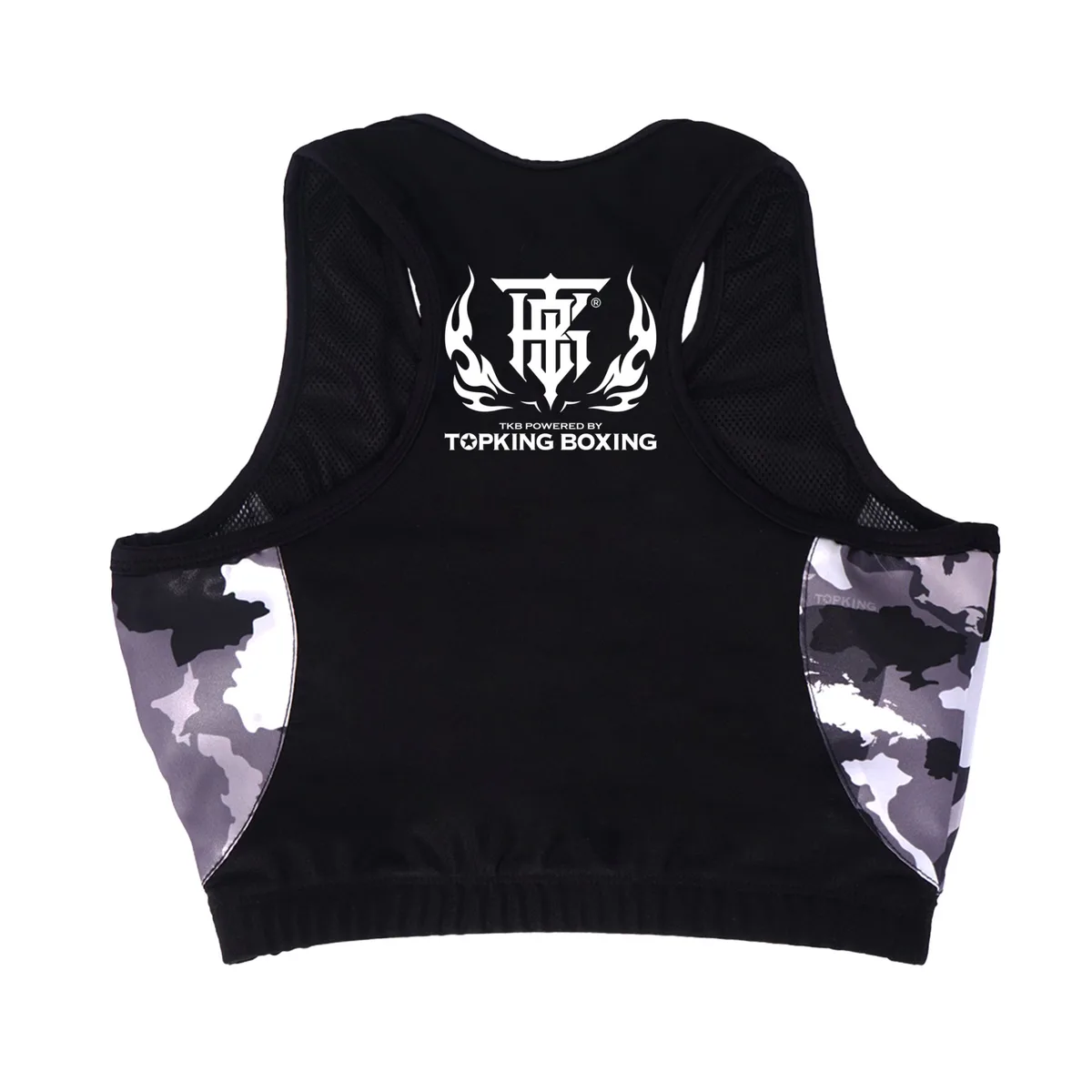 TOPKING BLACK COMOUFLAGE BRA TANK TOP отзад, акцентиращ върху спортната кройка и дизайна на гърба