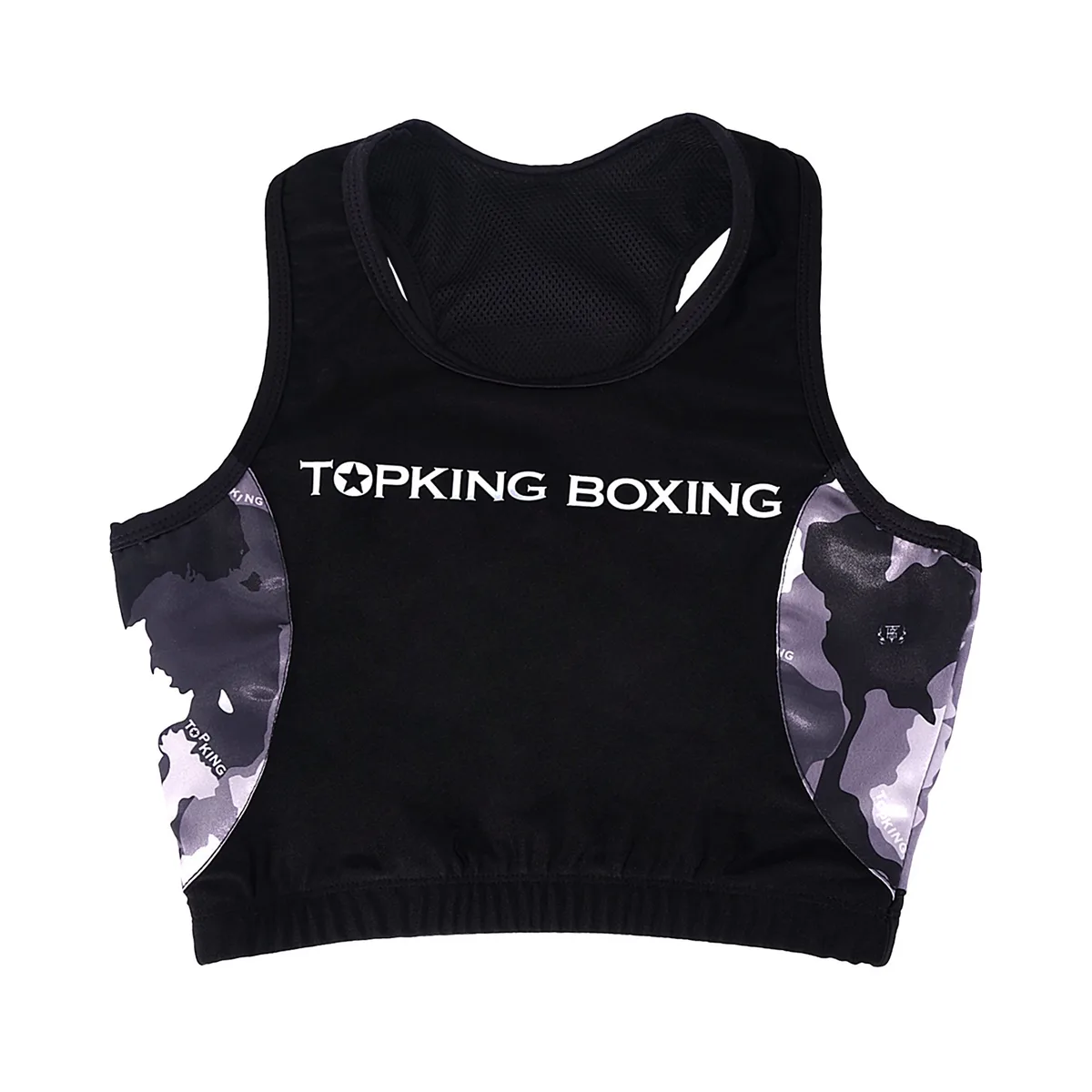 TOPKING BLACK COMOUFLAGE BRA TANK TOP отпред, показващ черния камуфлажен десен и кройката на топа