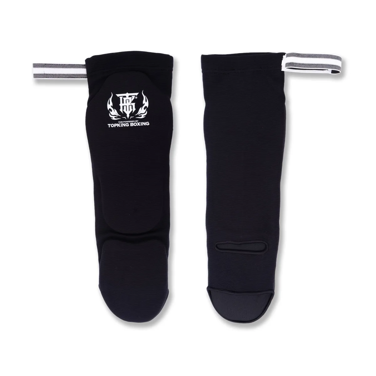 Черни еластични протектори за пищяли и стъпала Top King Black Elastic Shin Pads, показани отпред