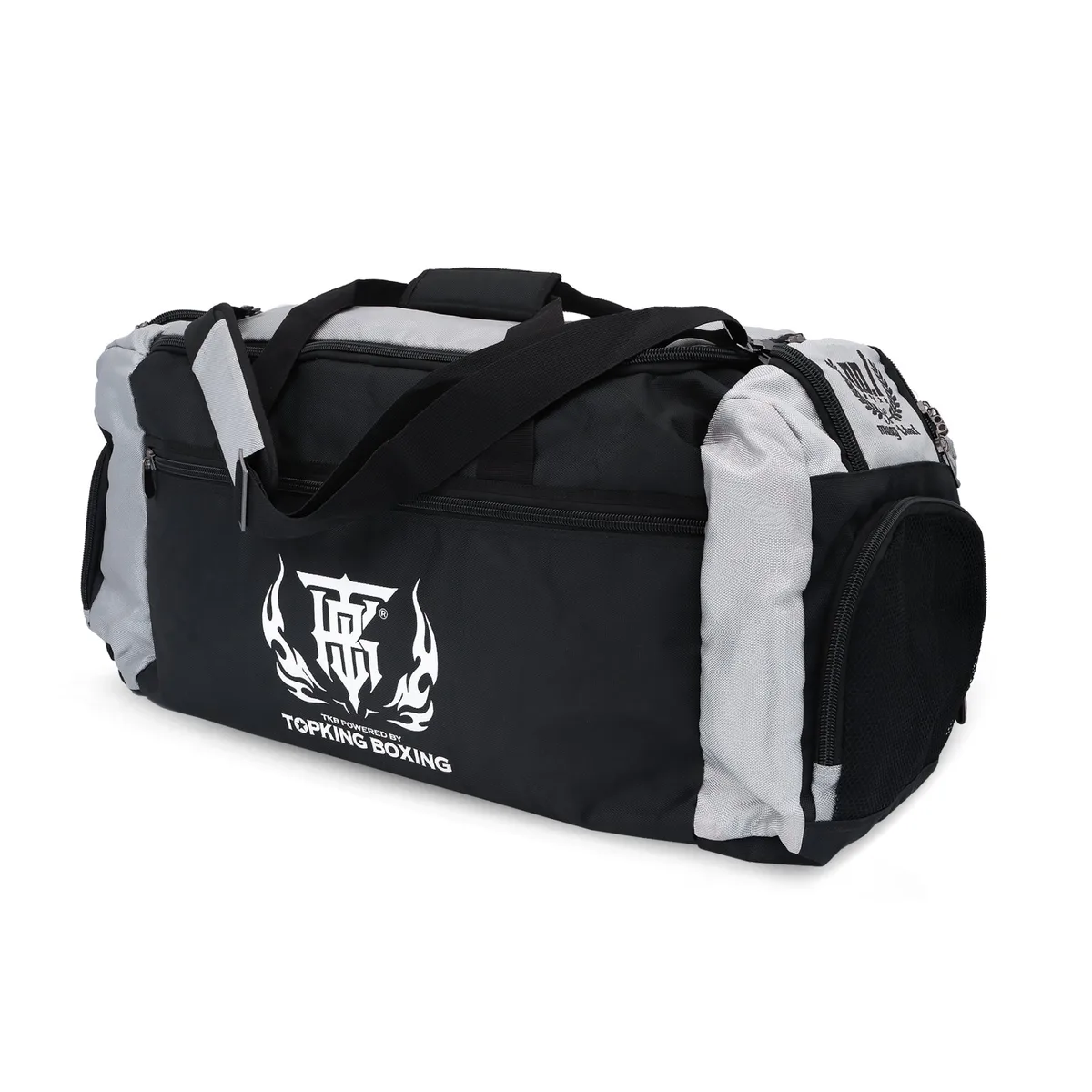 Сак Top King Black Grey Gym Bag 01, показан в цял ръст отпред, акцентиращ на черно-сивия дизайн.