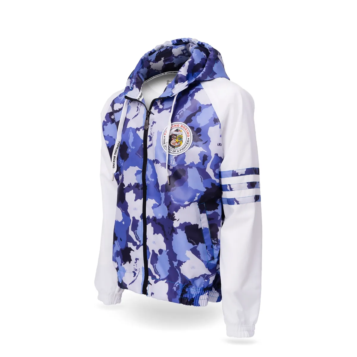 Страничен изглед на суитшърта TOPKING BLUE CAMOUFLAGE JACKET, показващ кройката и детайлите на ръкавите.