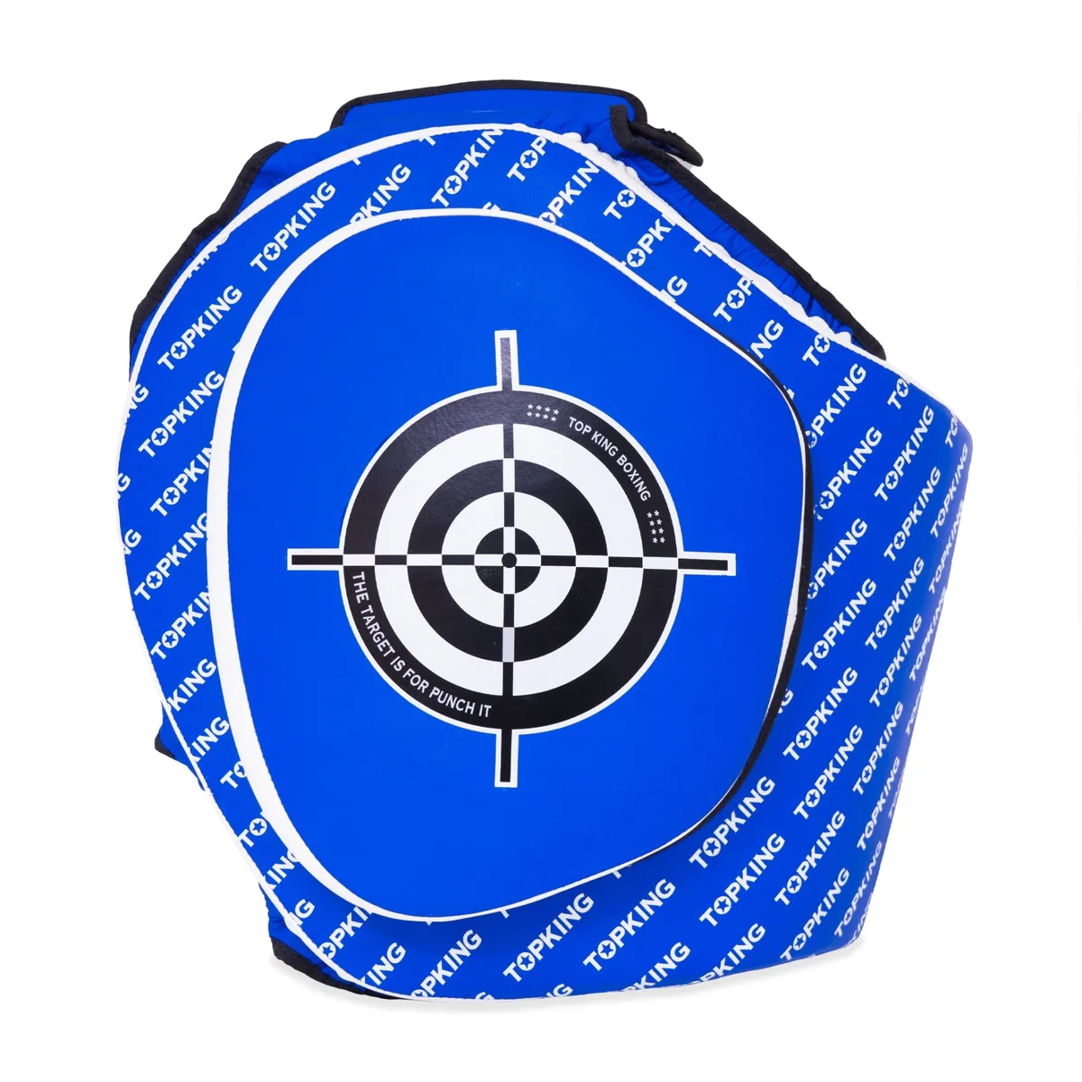 Top King Blue Thigh Pads, поставени на краката на треньор по бойни спортове