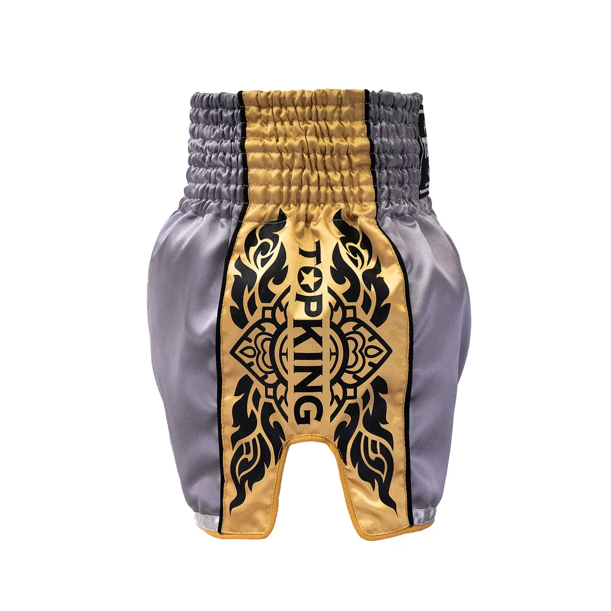 Заден изглед на TOPKING BOXING SHORTS GREY 276, акцентиращ върху кройката и логото на Top King