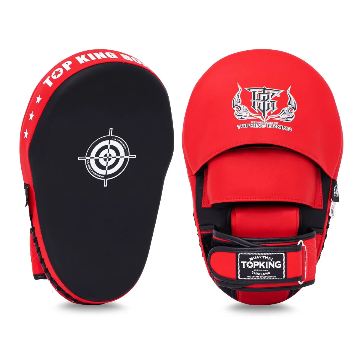 Червени лапи за фокус TOPKING FOCUS MITTS RED “ EXTREAM ” от Top King, показани отпред, с логото на марката и детайли по повърхността.