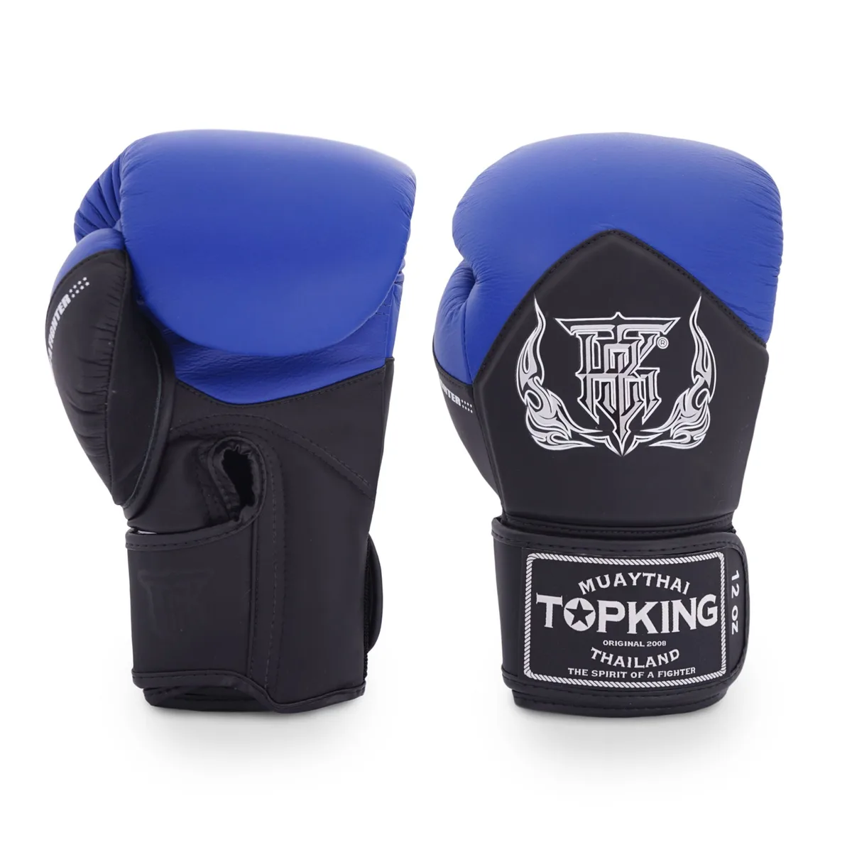 Боксови ръкавици Top King BLACK BLUE BLEND - изглед отпред, демонстриращ черния и син дизайн
