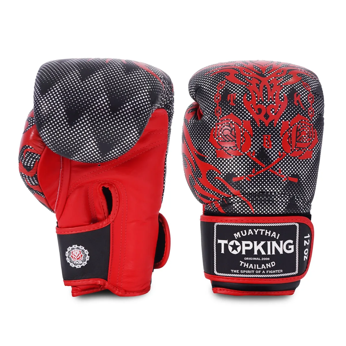 Боксови ръкавици TOPKING GLOVES BLACK DRAGON, изглед отпред, с логото на Top King и драконов мотив