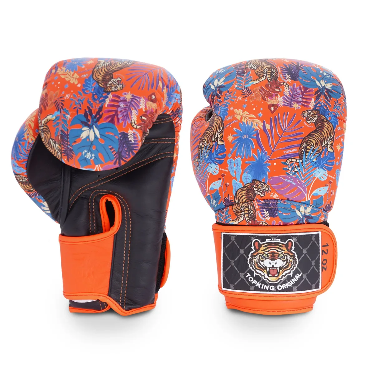 Боксови ръкавици Top King Wild Tiger King в черно и оранжево на бял фон