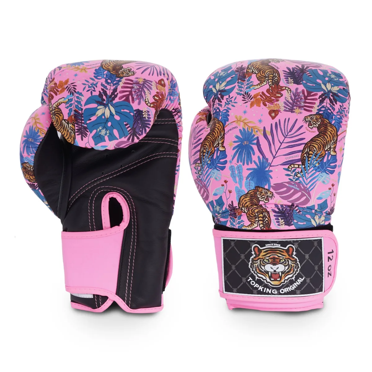 Боксови ръкавици Top King Black Pink Wild Tiger King в черно и розово с тигров дизайн, показани отпред