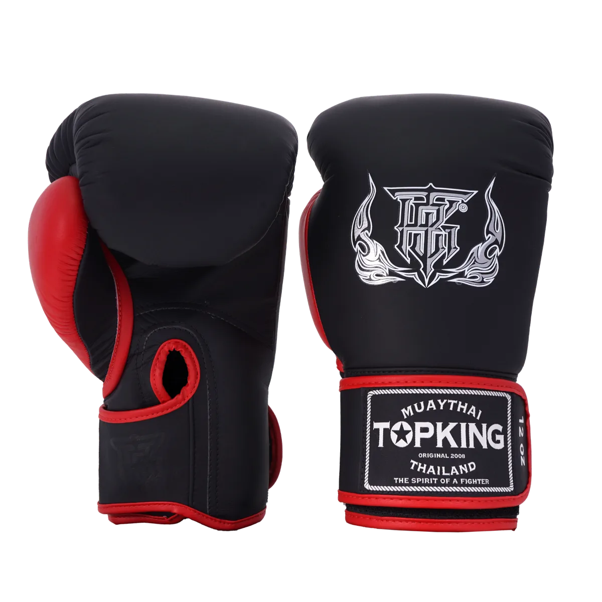 Боксови ръкавици Top King Reborn Black Red (полу-кожа) отпред, с ясно видими черни и червени зони и логото на марката.