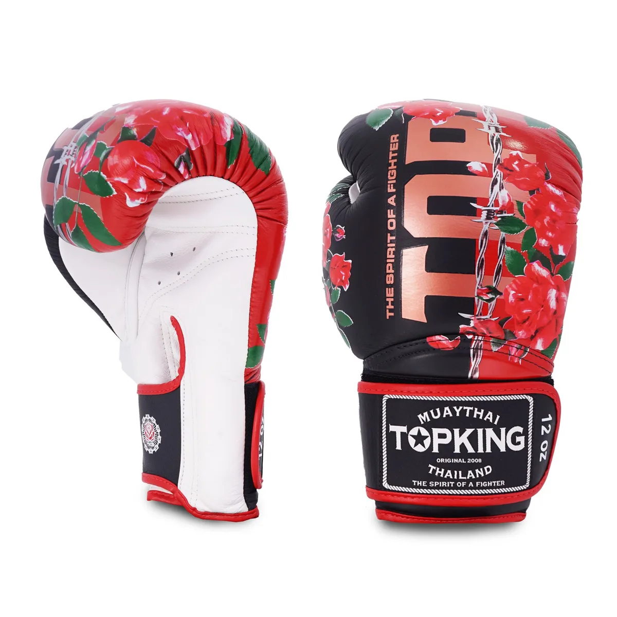 Страничен изглед на боксови ръкавици Top King Black Rose, подчертаващ формата
