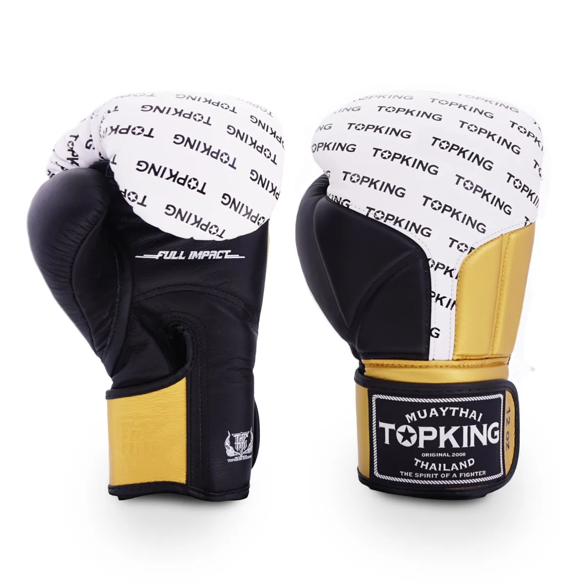 Боксови ръкавици TOPKING GLOVES BLACK WHITE GOLD FULL IMPACT, изглед отпред, с логото на Top King и комбинация от черно, бяло и златно.