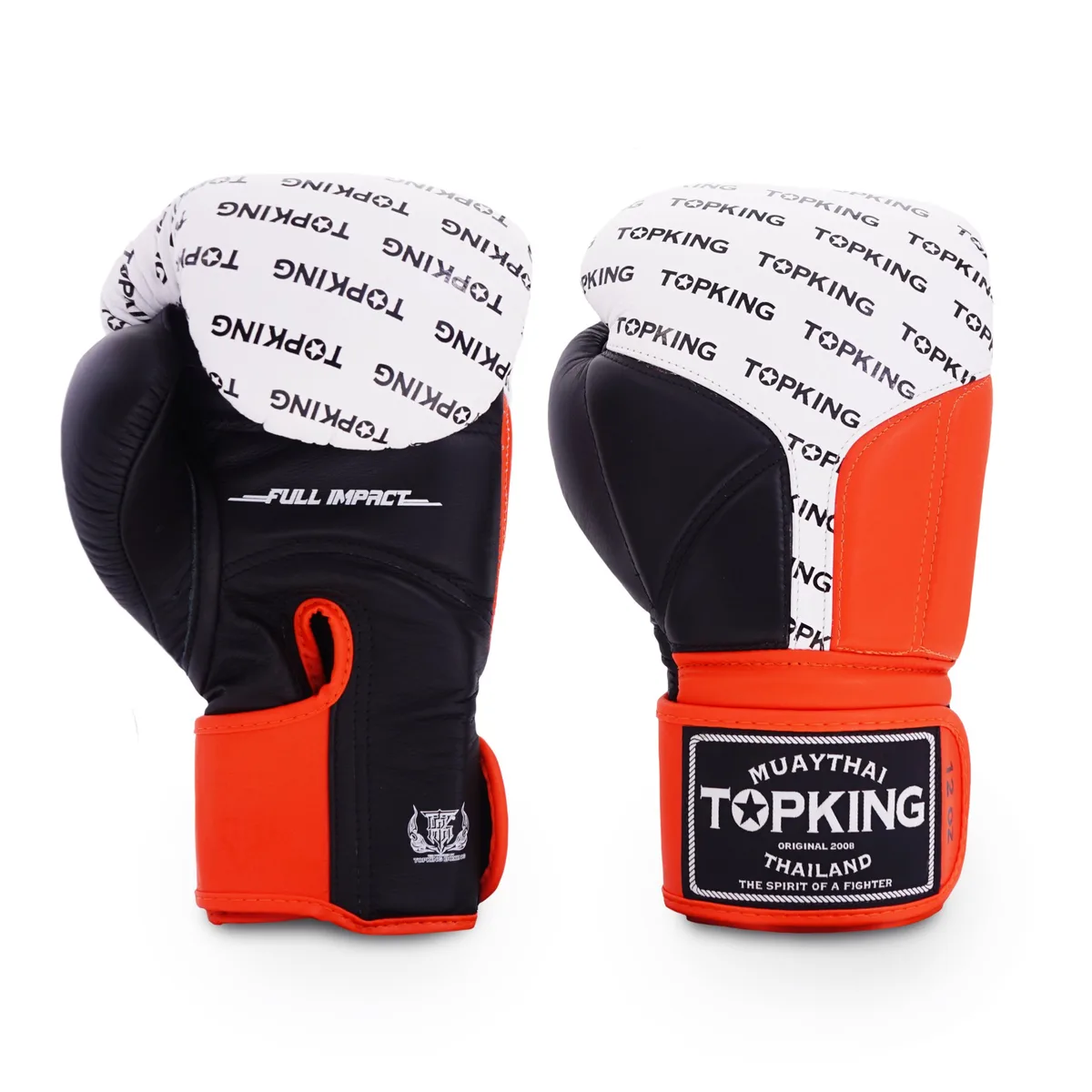 Боксови ръкавици TOPKING GLOVES BLACK WHITE ORANGE FULL IMPACT, изглед отпред, показващ черни, бели и оранжеви цветове и логото на Top King.
