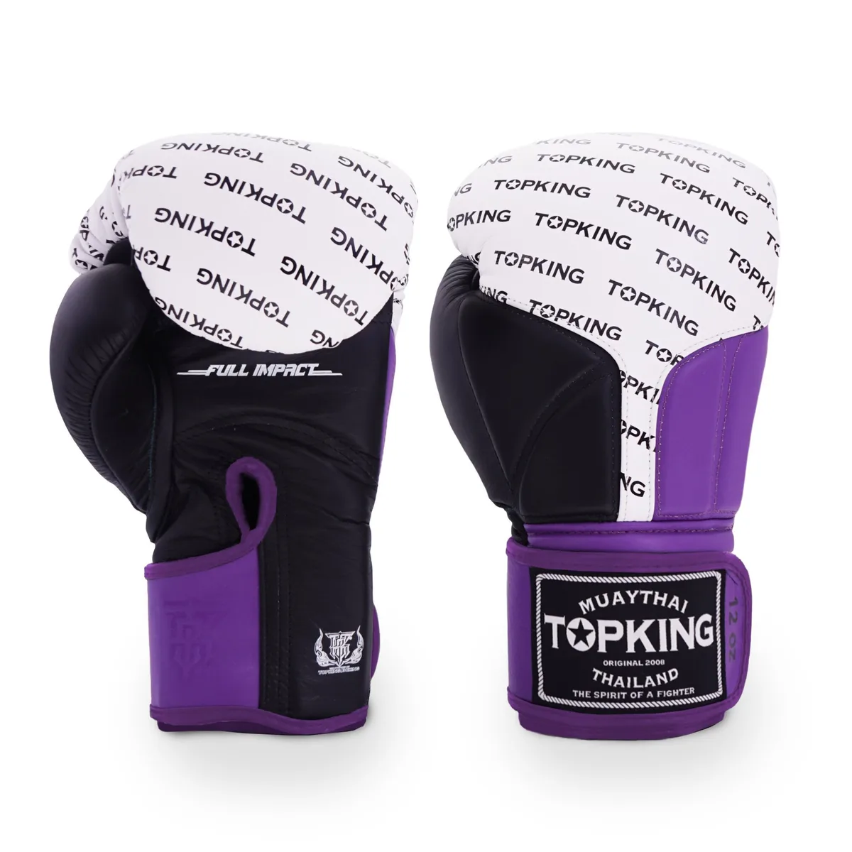 Боксови ръкавици TOPKING GLOVES BLACK WHITE PURPLE FULL IMPACT, изглед отпред, показващ черни, бели и лилави цветови акценти.