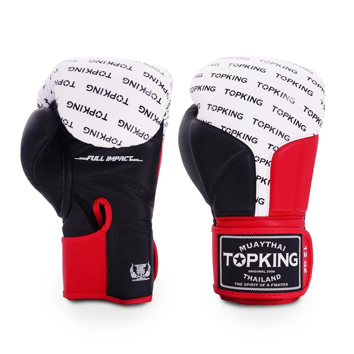 Боксови ръкавици TOPKING GLOVES BLACK WHITE RED FULL IMPACT отпред, показващи черния, белия и червения дизайн на дланта и маншета.