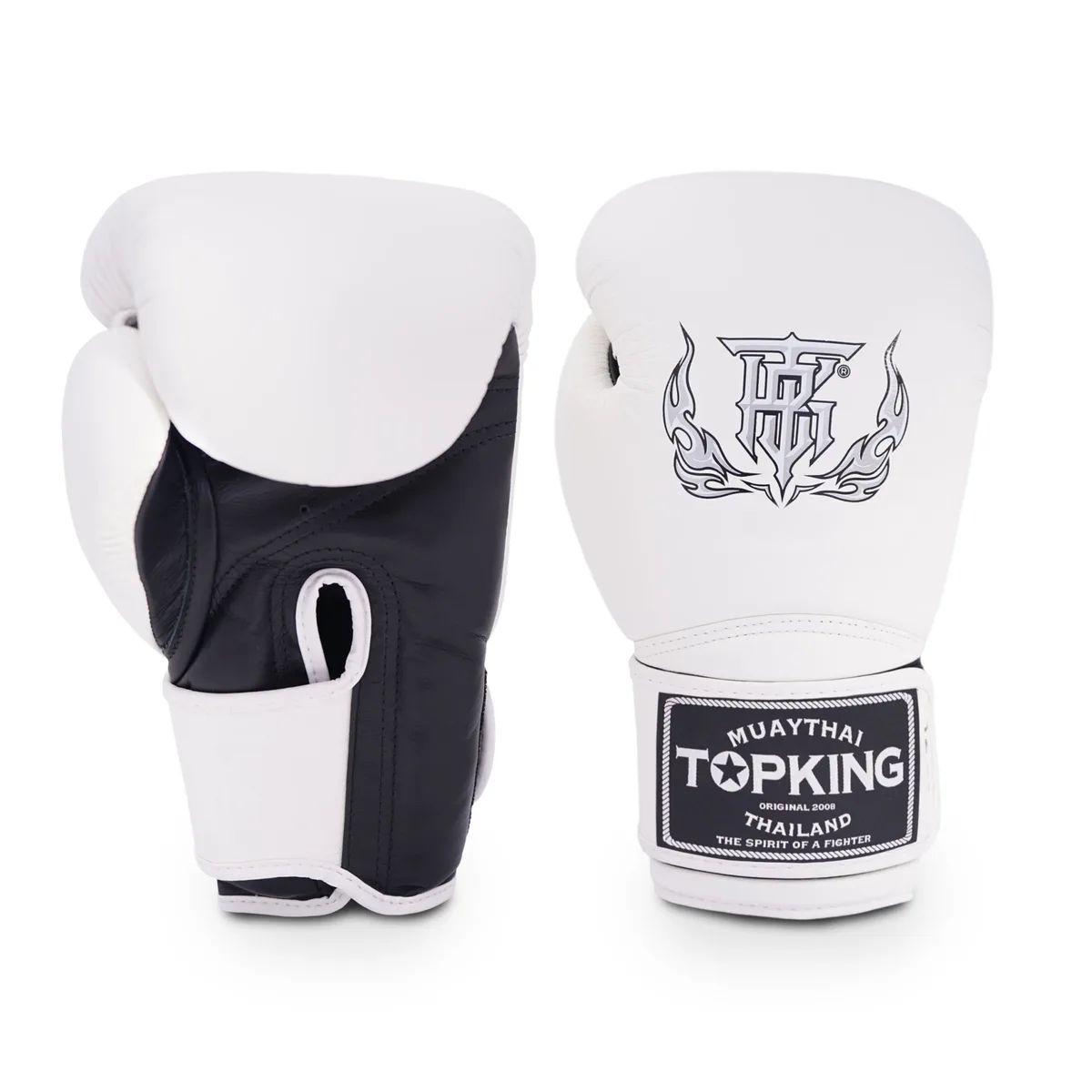 Боксови ръкавици Top King Black White Super, изглед отпред, с акцент върху черно-белия дизайн и логото на марката.