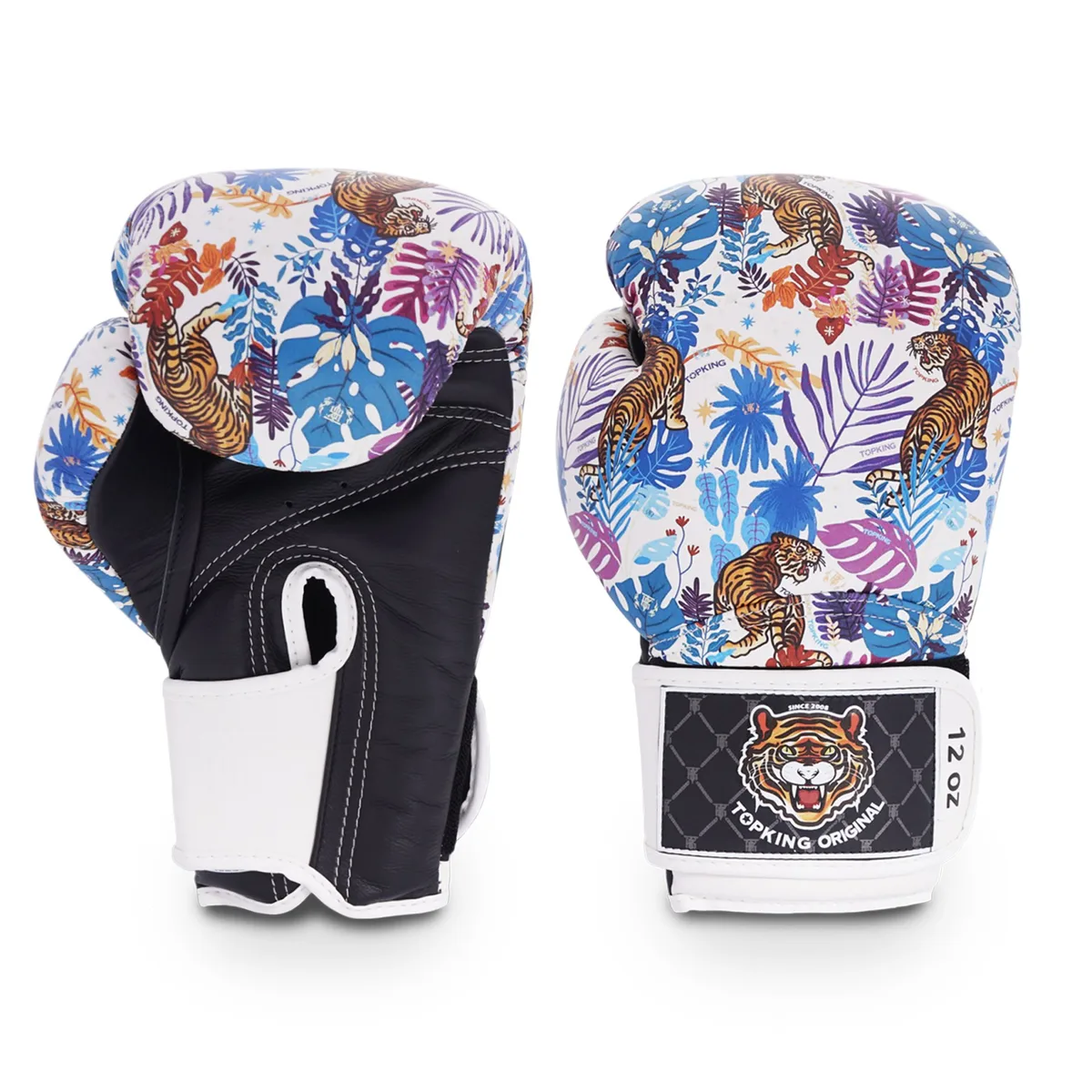 Боксови ръкавици TOPKING GLOVES BLACK WHITE WILD TIGER KING, черен и бял цвят, с тигров дизайн, на бял фон