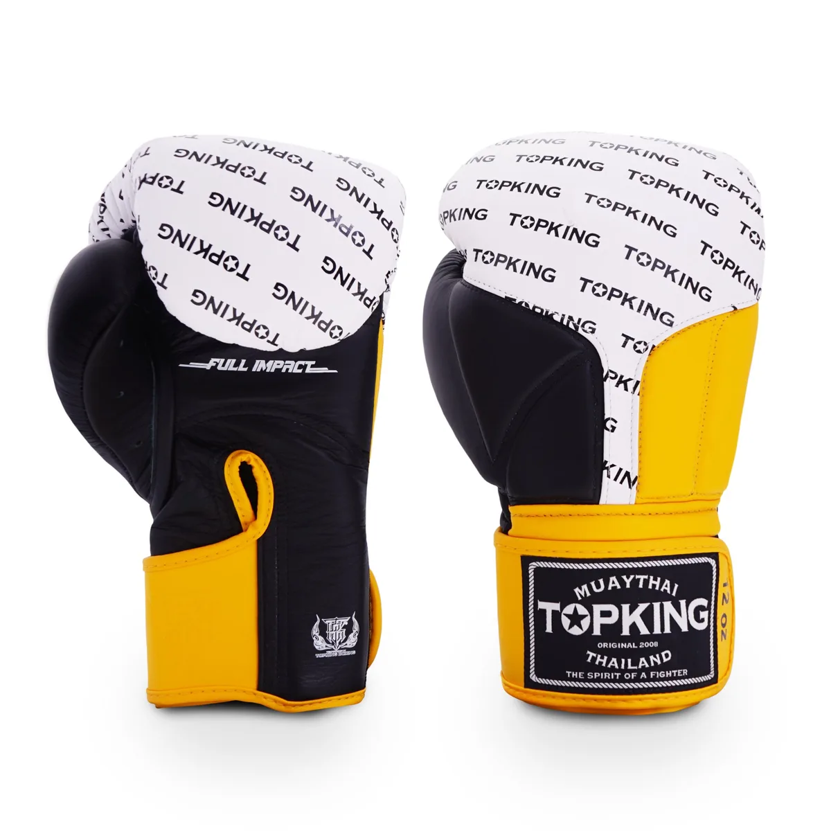 Боксови ръкавици Top King Black White Yellow Full Impact отпред, показващи логото и цветовата комбинация