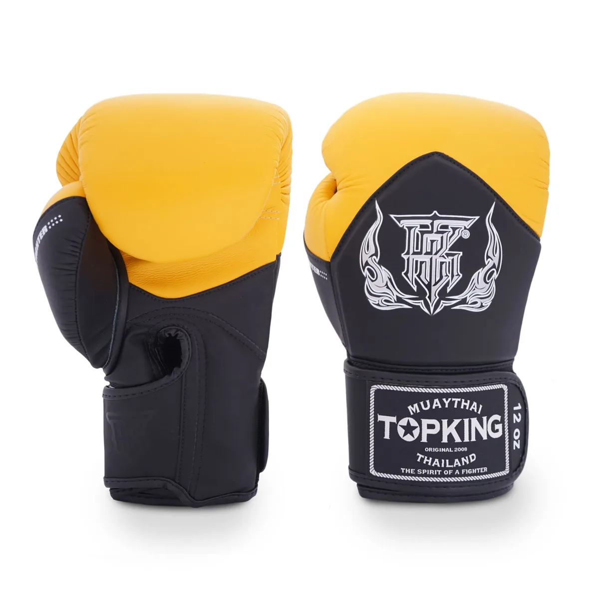 Боксови ръкавици Top King BLACK YELLOW BLEND – изглед отпред, показващ черния основен цвят и жълтите акценти, с логото на марката.