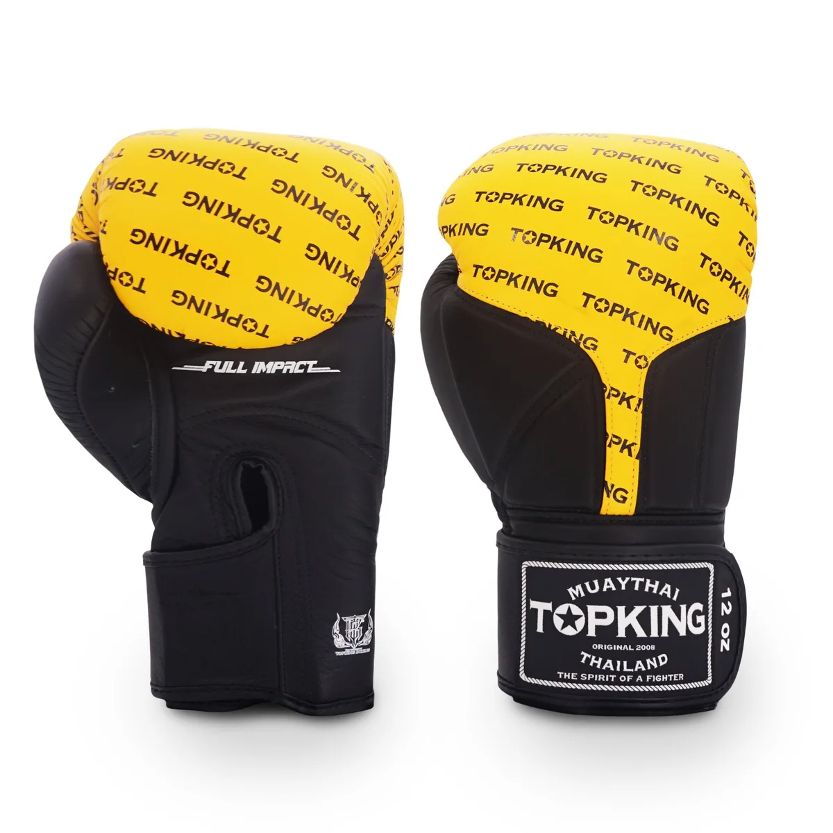 Боксови ръкавици Top King Full Impact Black Yellow, фронтален изглед, показващ логото и контрастните цветове