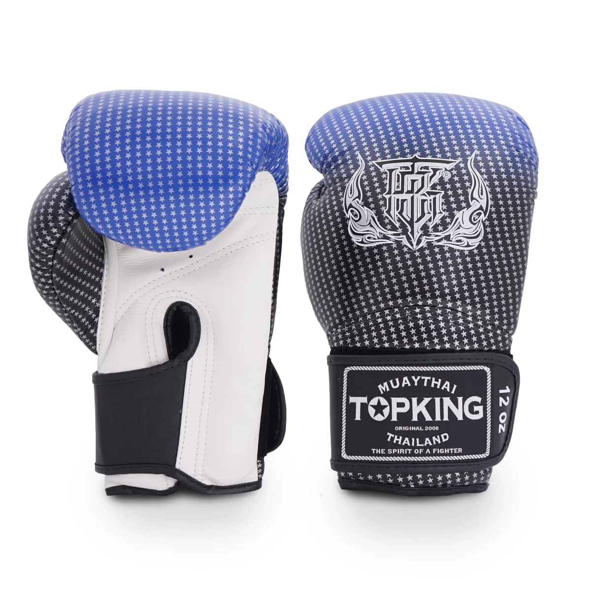 Боксови ръкавици Top King BLUE SUPER STAR в син цвят, изложени на бял фон