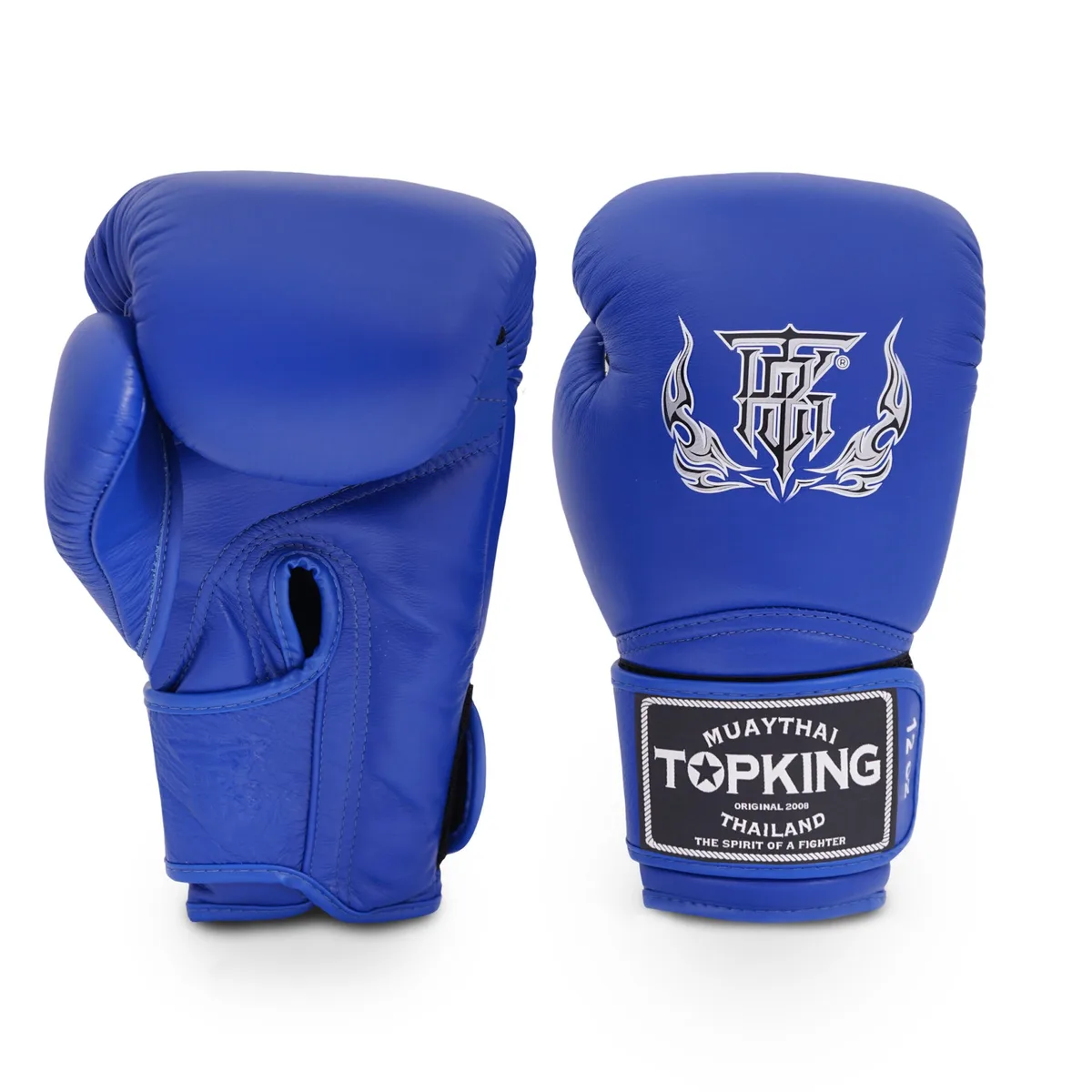 Боксови ръкавици Top King Blue Super в наситен син цвят, изглед отпред, демонстриращ подплатата и закопчаването на китката.