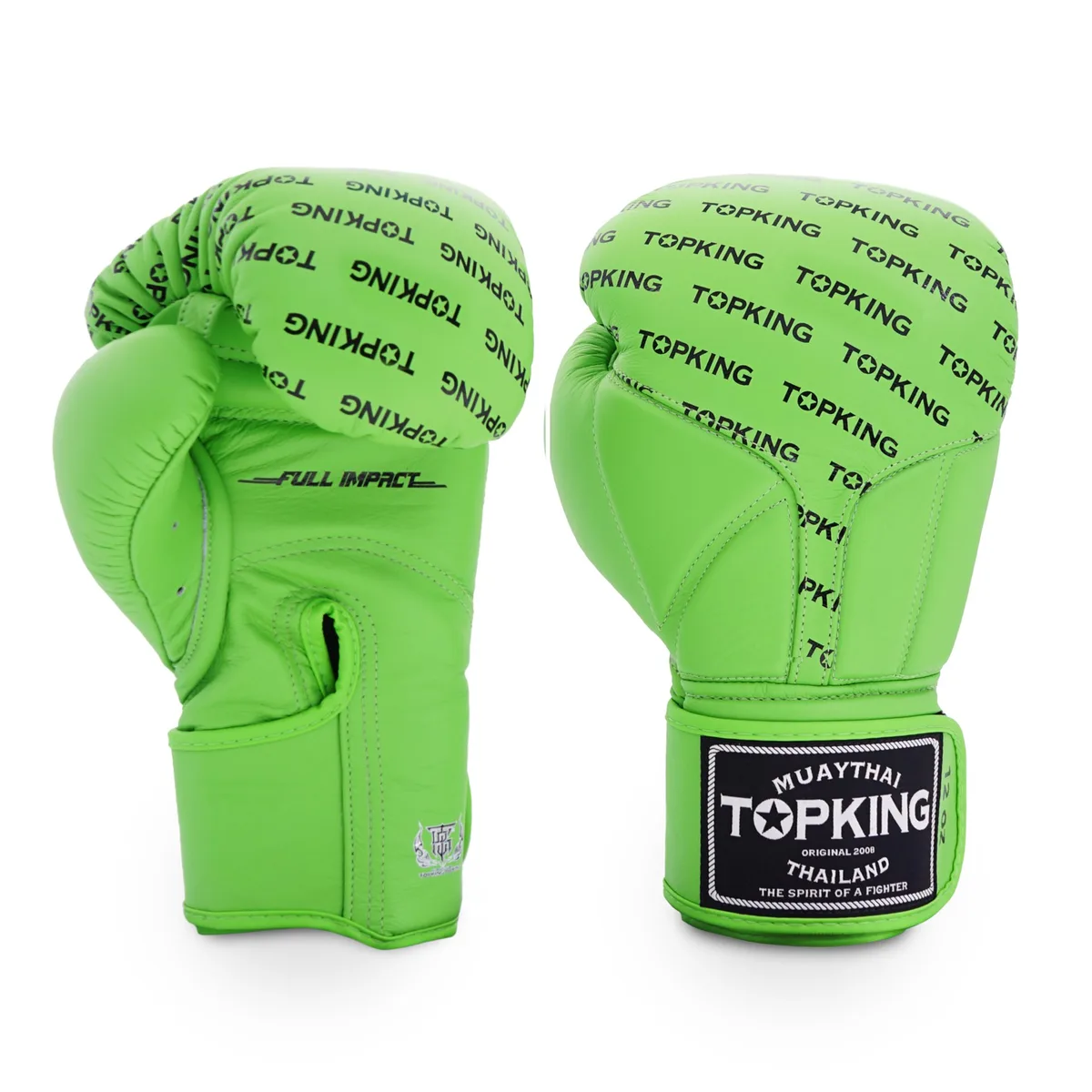 Боксови ръкавици Top King GREEN FULL IMPACT, изглед отпред, ярко зелен цвят с логото на Top King