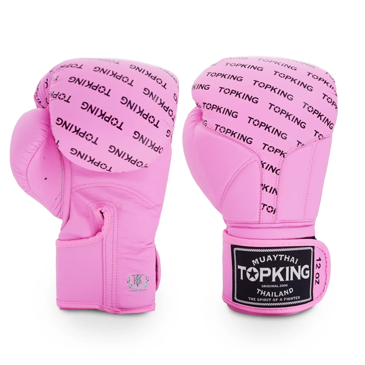 Розови боксови ръкавици TOPKING GLOVES PINK FULL IMPACT, поставени една до друга, показващи логото на Top King и детайлите на дизайна.