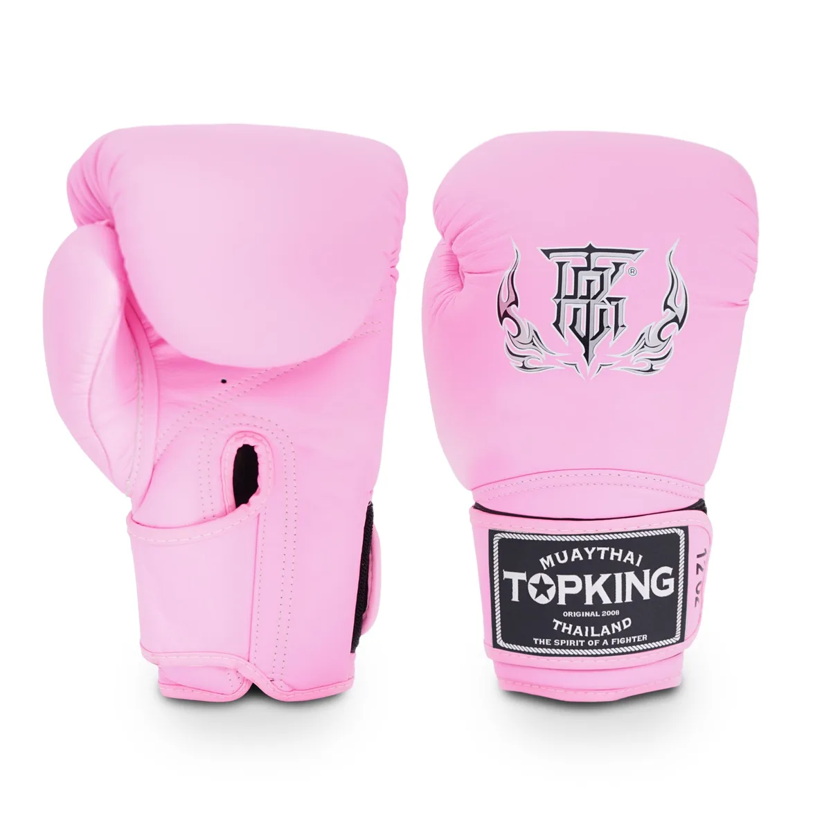 Розови боксови ръкавици Top King Pink Super, изглед отпред, с логото на Top King и закопчаването.