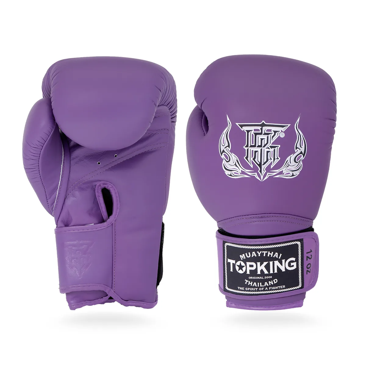 Боксови ръкавици Top King Gloves Purple Super в лилав цвят, фронтален изглед, показващ логото на марката и формата за удар.