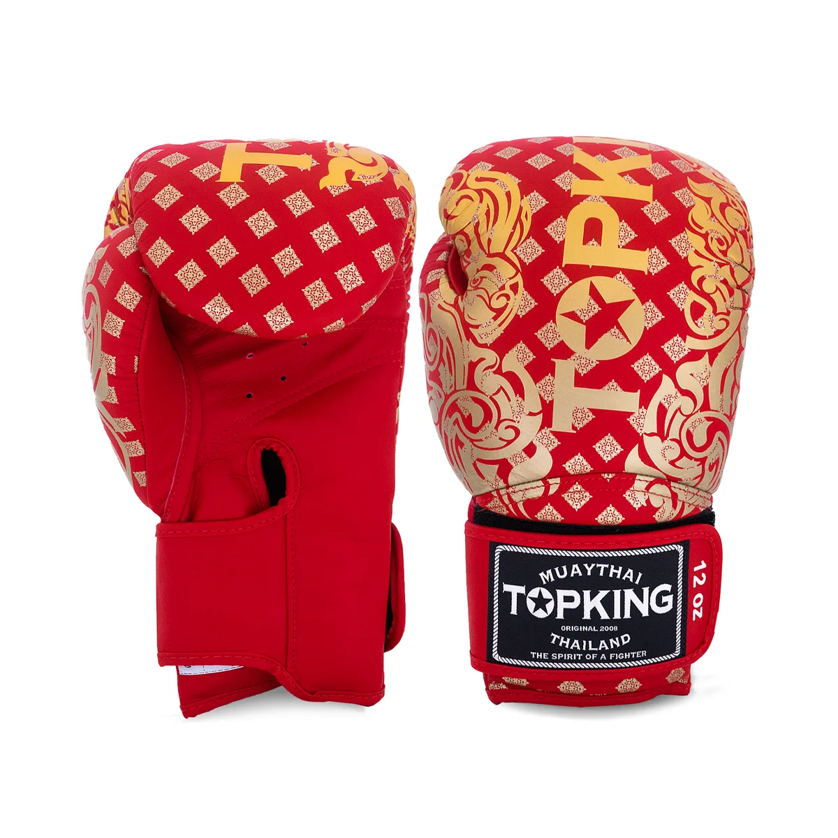 Боксови ръкавици Top King RED KANOK-02 в червен цвят, с логото на Top King и детайли отстрани, показани отпред.