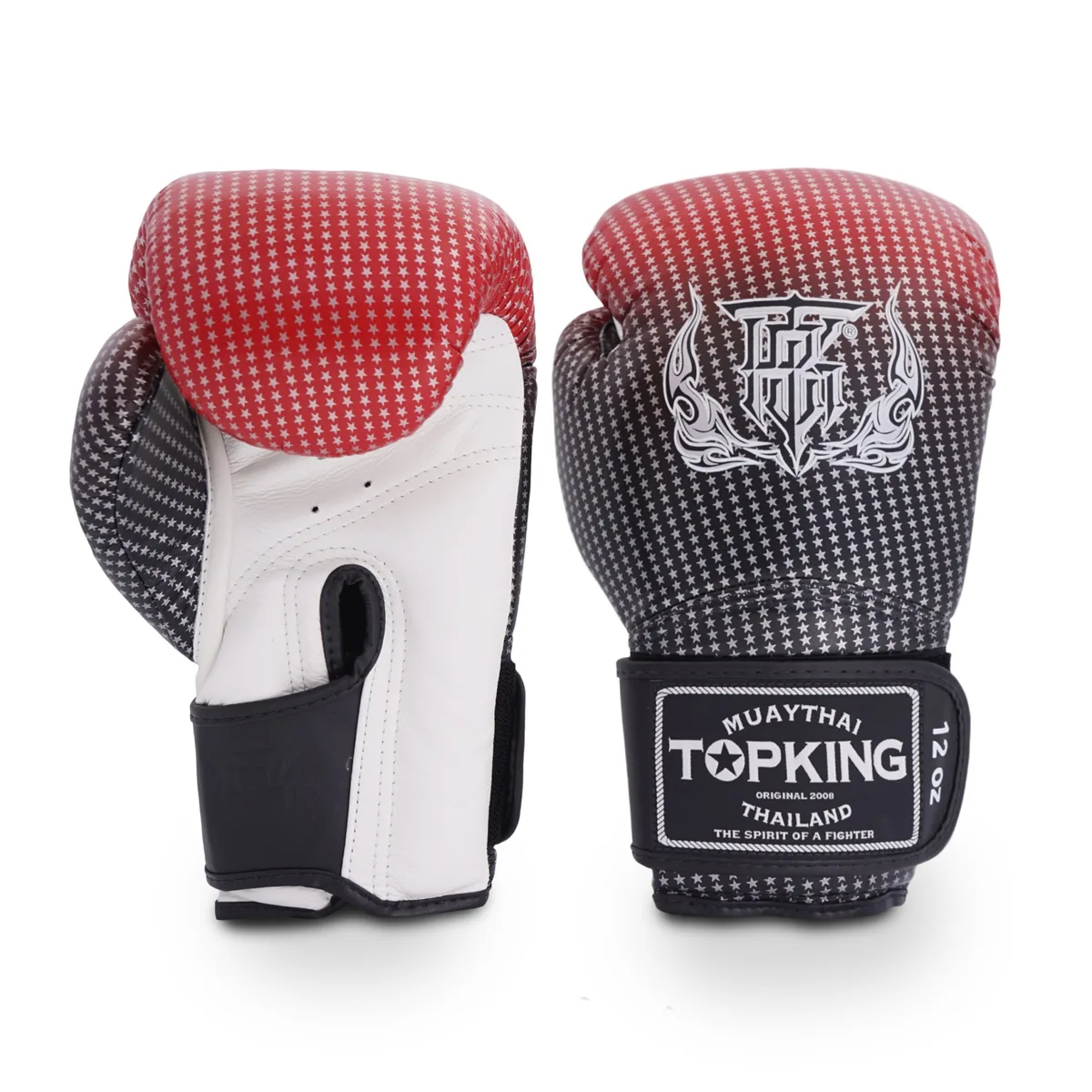 Червени боксови ръкавици Top King GLOVES RED SUPER STAR с бяла звезда и златисти акценти, на тъмен фон.
