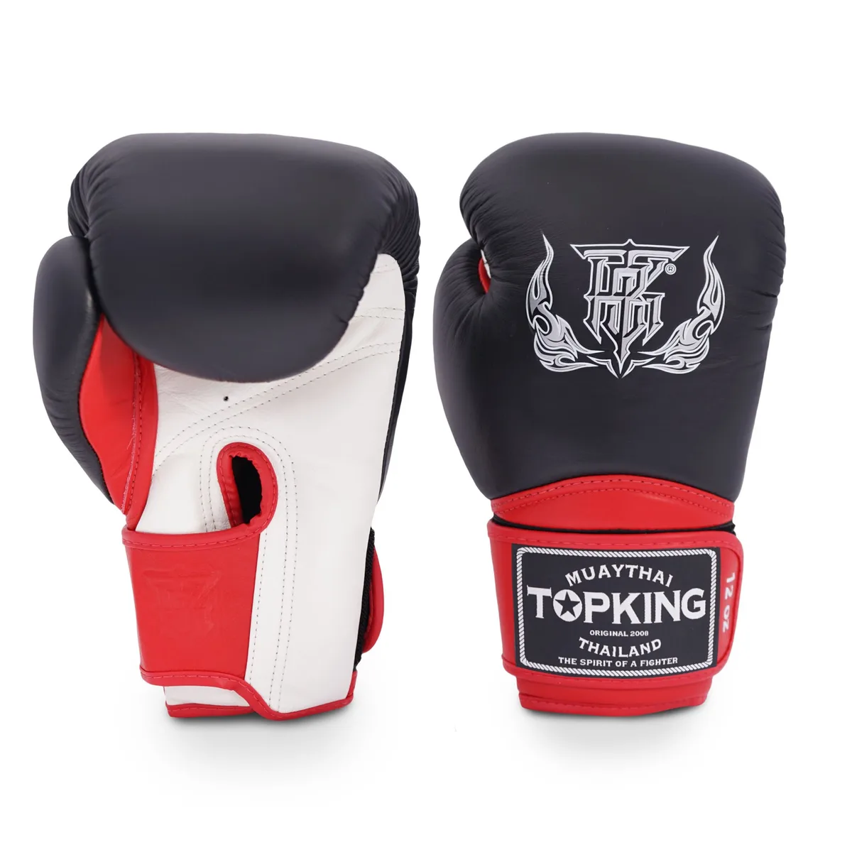 Боксови ръкавици Top King Super в бяло, черно и червено, показани отпред, с ясно видими лога на марката.