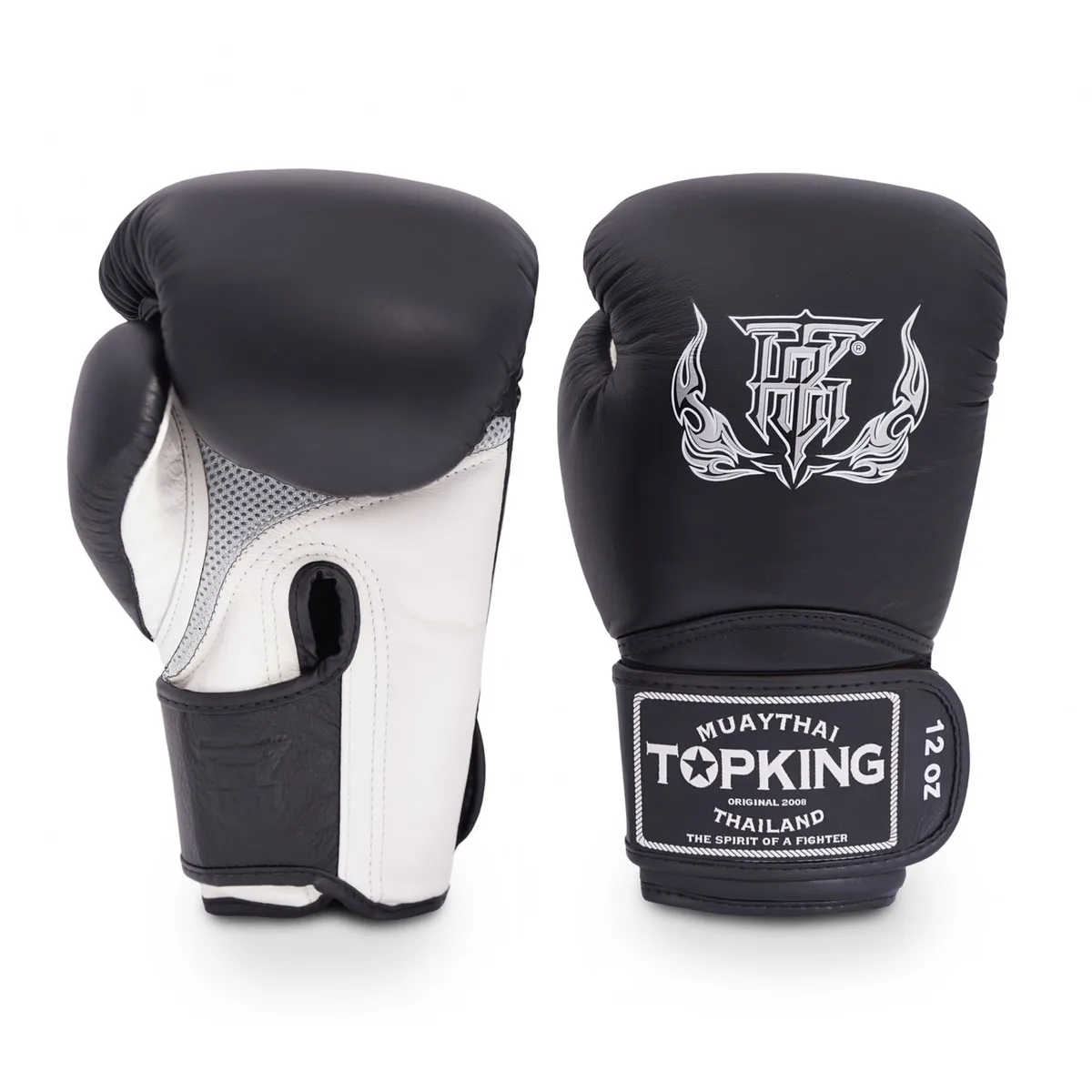 Боксови ръкавици Top King Super Air White Black, страничен изглед, с акцент върху бялата част и логото на Top King.