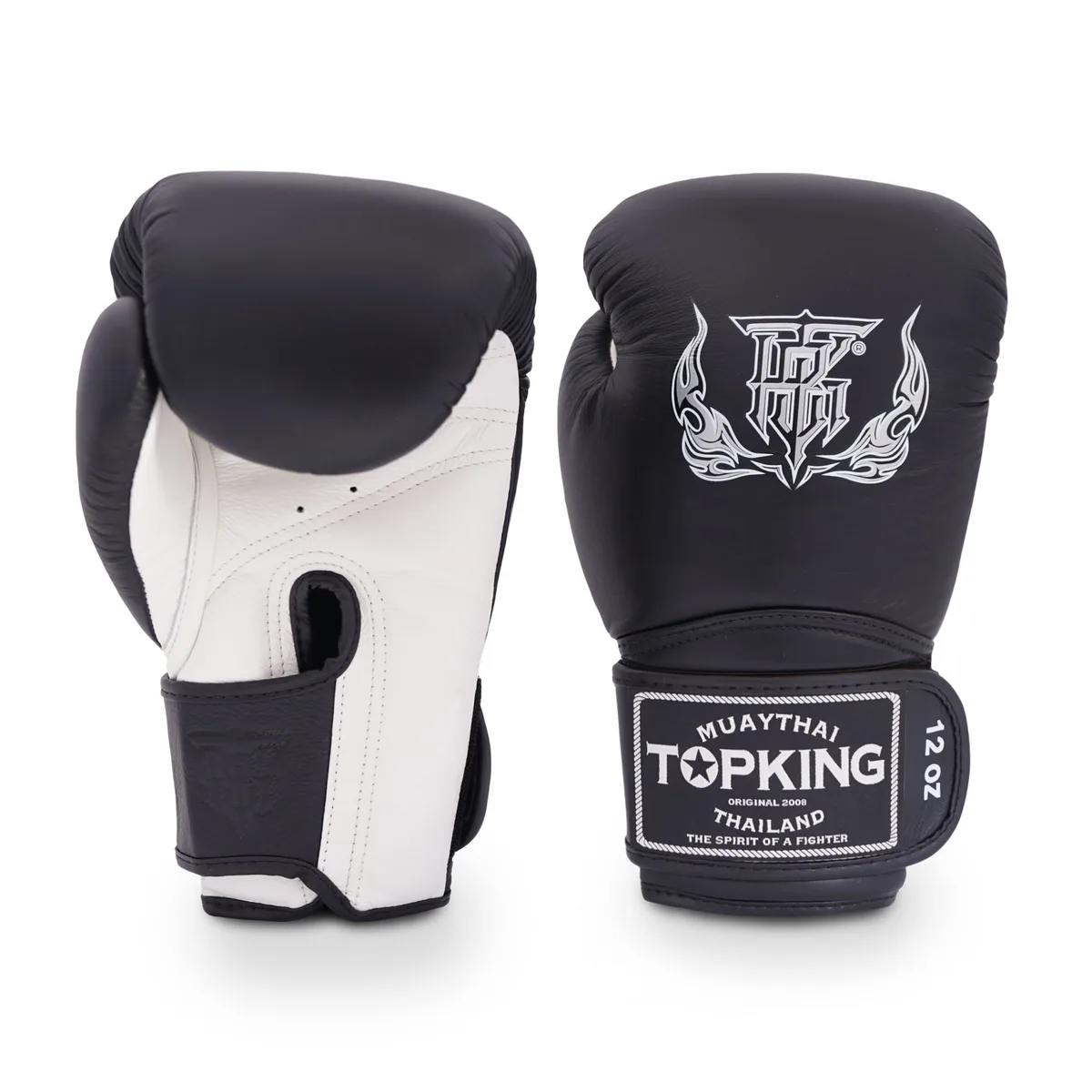 Боксови ръкавици Top King WHITE BLACK SUPER в бяло и черно, страничен изглед, показващ логото на Top King и затварящата каишка.