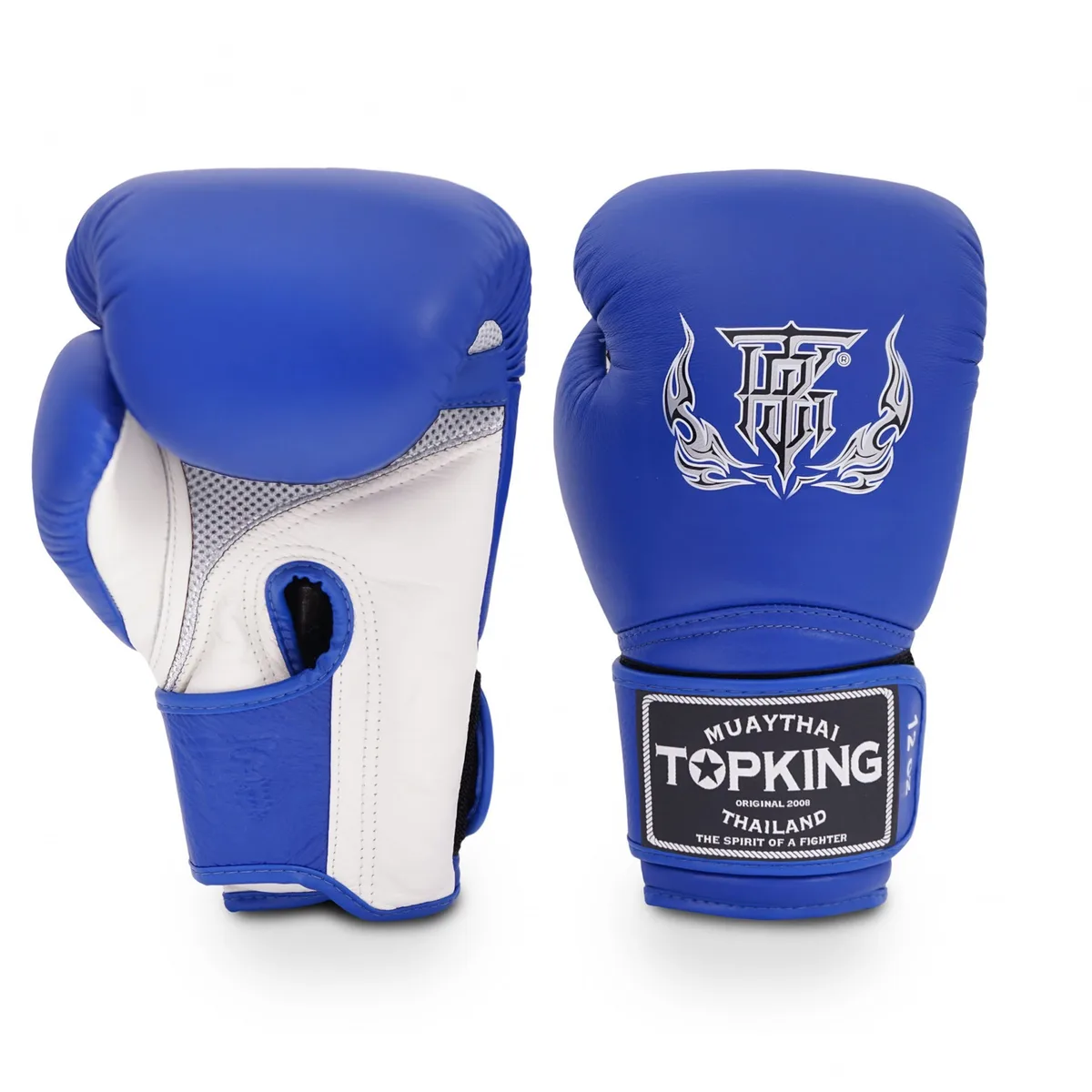 Боксови ръкавици Top King Super Air White Blue, изглед отпред, показващ логото на Top King и комбинацията от бял и син цвят.