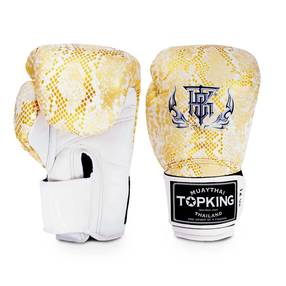 Боксови ръкавици TOPKING GLOVES WHITE GOLD SUPER SNAKE в бяло и златно с дизайн на змийска кожа