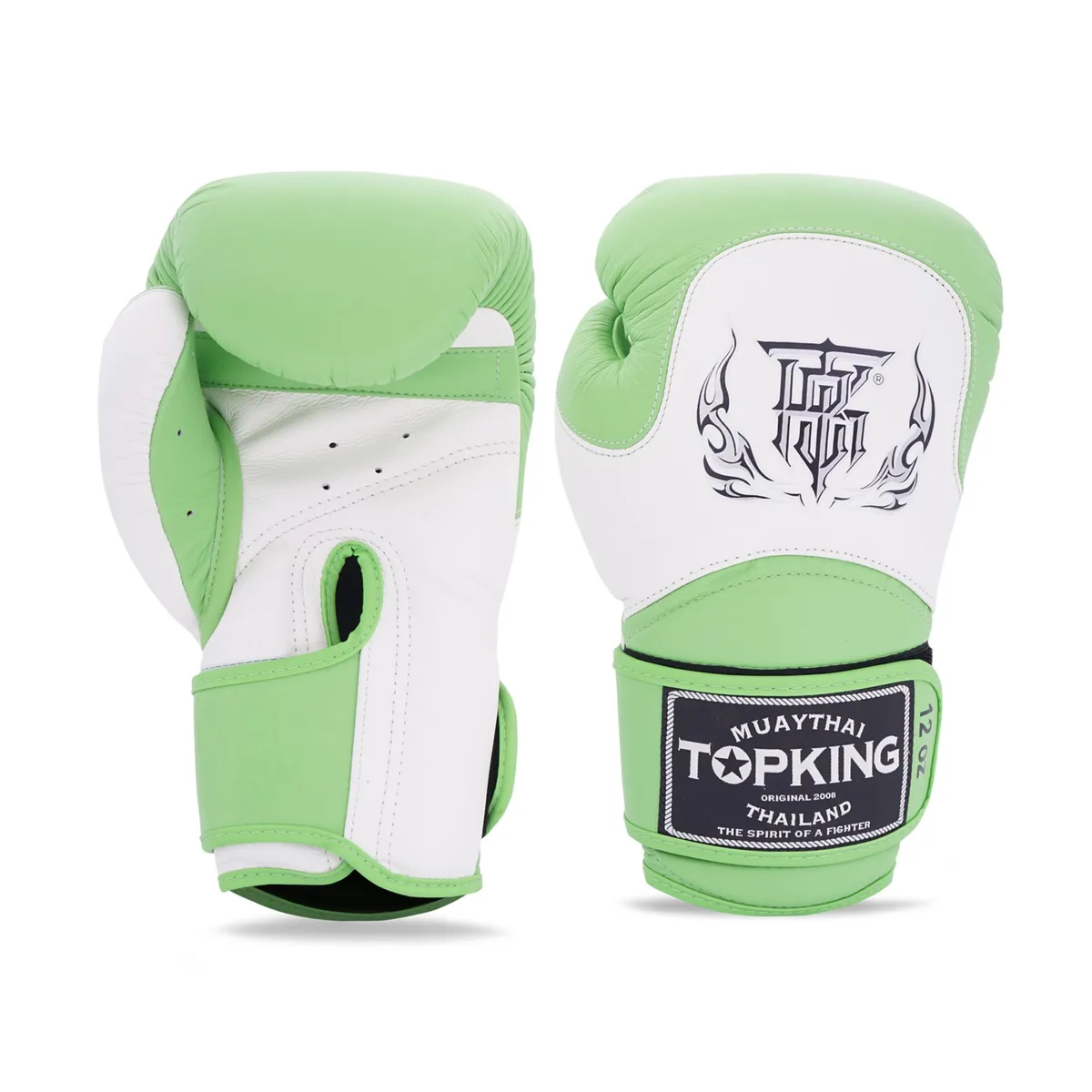 Боксови ръкавици Top King White Green Modernity, изглед отпред, с акцент върху белия и зелен цвят и логото на Top King.