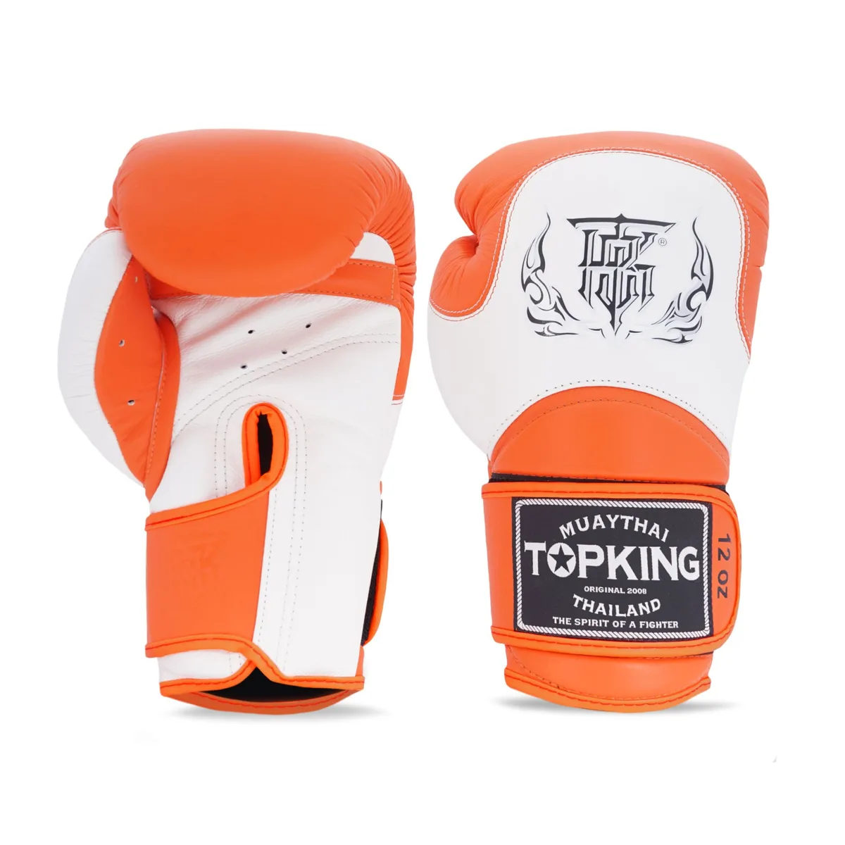 Боксови ръкавици Top King White Orange Modernity, страничен изглед, с оранжеви акценти и лого на марката.