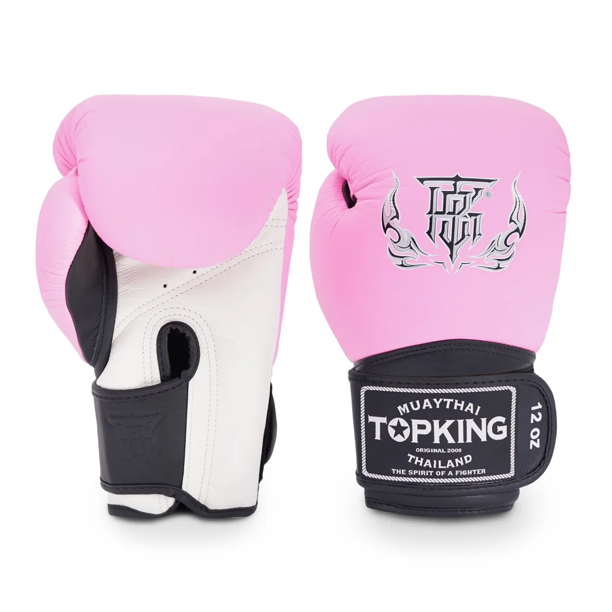 TOPKING GLOVES WHITE PINK BLACK SUPER – лицева страна на боксовите ръкавици с комбиниран бял, розов и черен дизайн