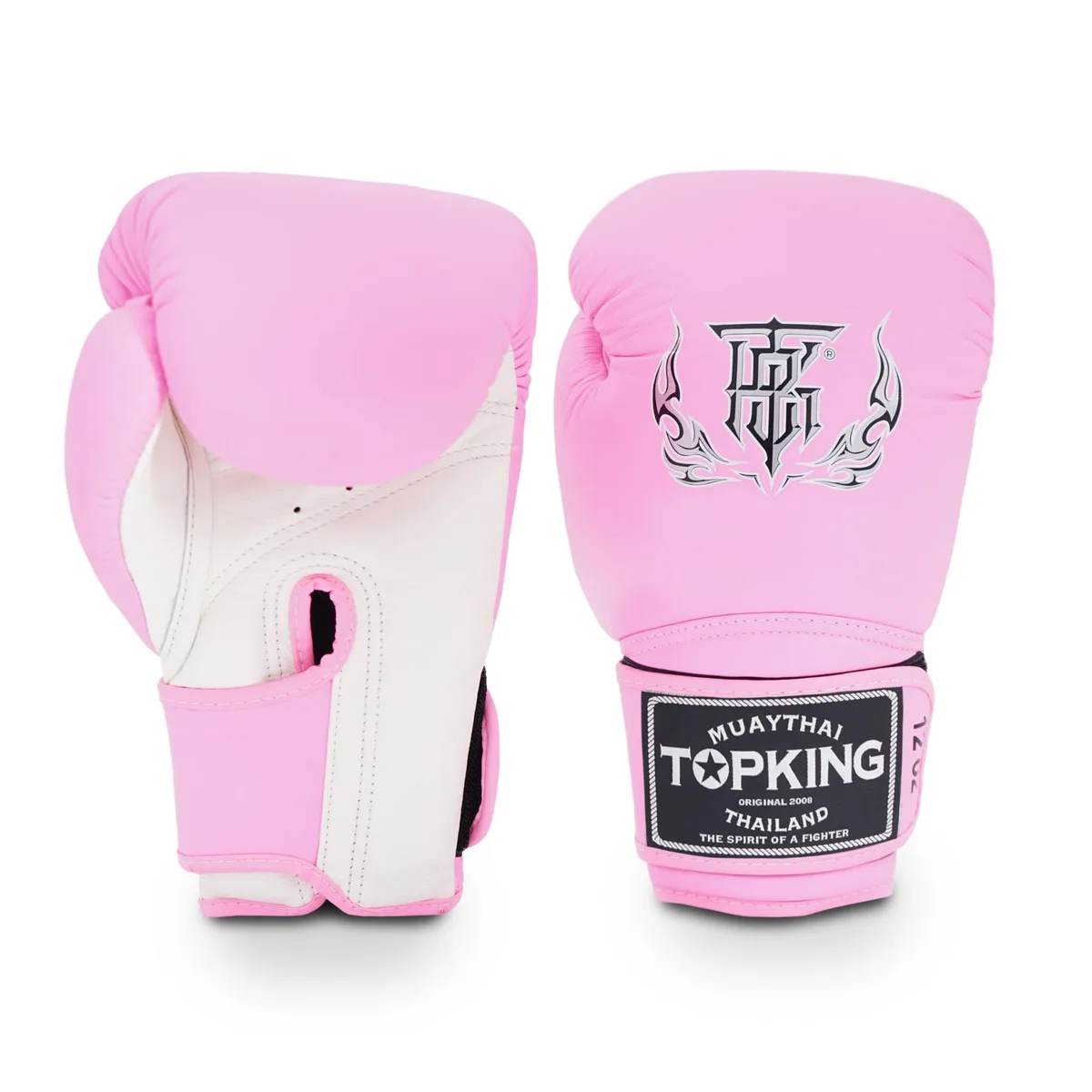 Бяло-розови боксови ръкавици Top King White Pink Super, показани отпред, с ясно видими лога на марката.