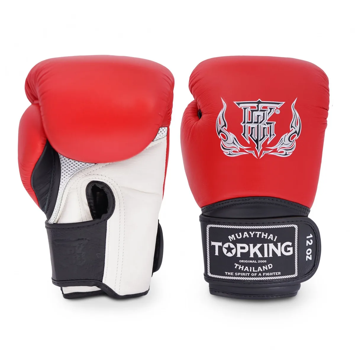 Боксови ръкавици Top King Super Air WHITE RED BLACK, изглед отпред, показващ дизайна и логото.