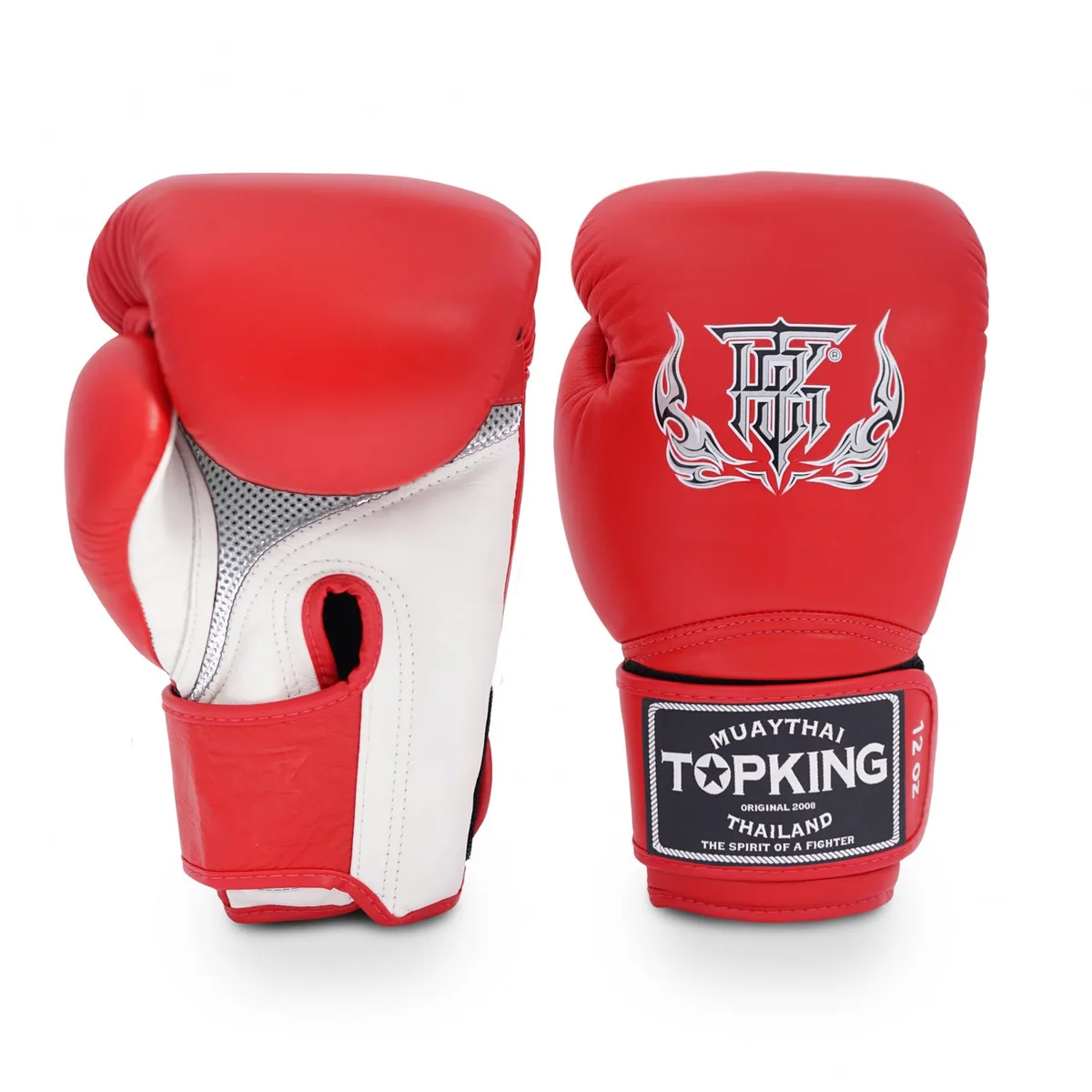 Чифт боксови ръкавици Top King White Red Super Air, показани отпред, с акцент върху белия цвят и червените акценти, логото на Top King и плътния пълнеж.