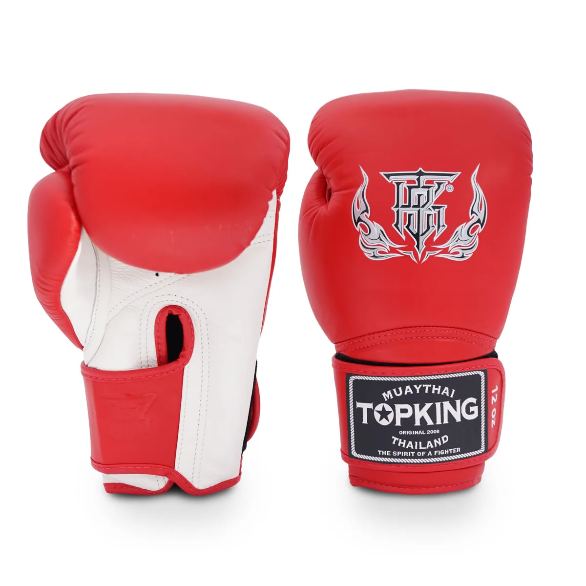 Боксови ръкавици Top King White Red Super – изглед отпред, показващ бял корпус с червени акценти и логото на марката.