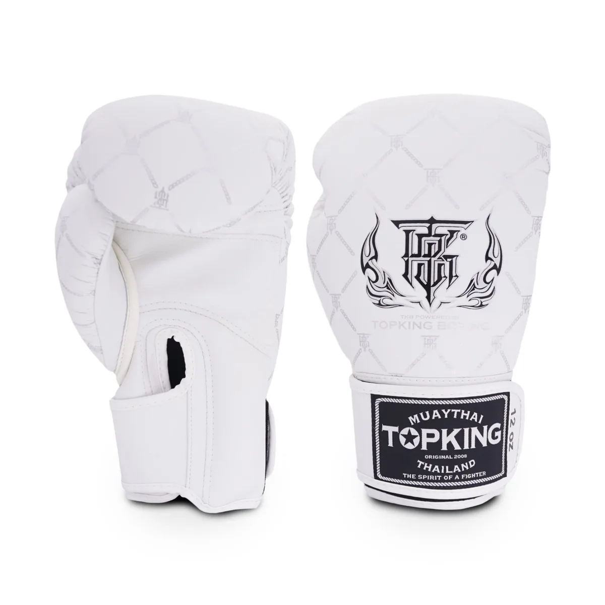 Боксови ръкавици TOPKING GLOVES WHITE SILVER CHAIN, бели със сребърни детайли, на бял фон