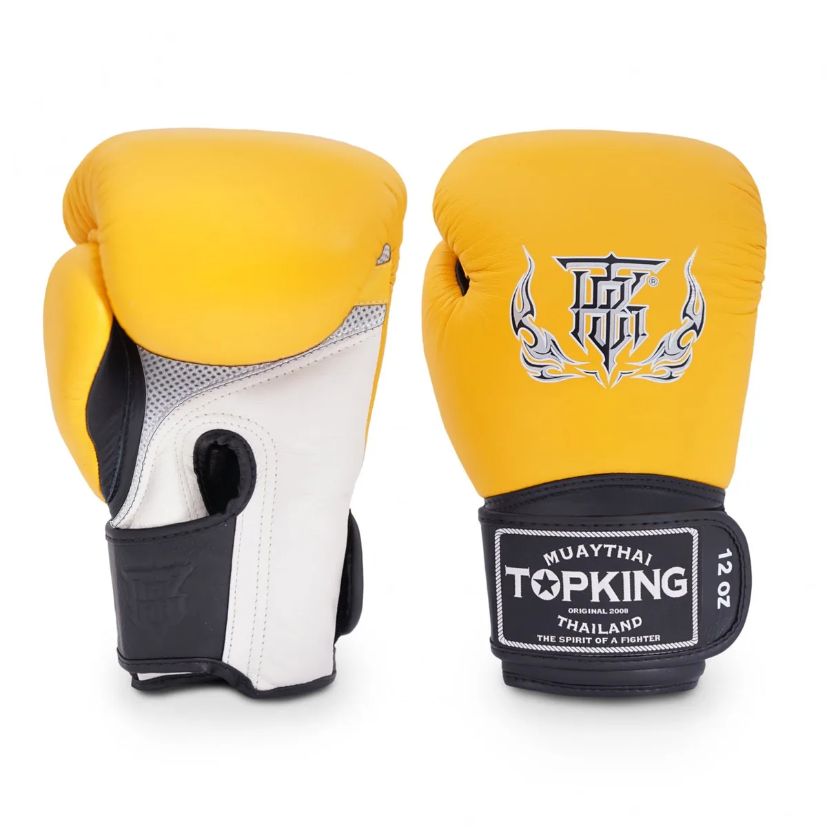 Боксови ръкавици TOPKING GLOVES WHITE YELLOW BLACK SUPER AIR, изглед отпред, показващ цветовата комбинация бяло, жълто и черно